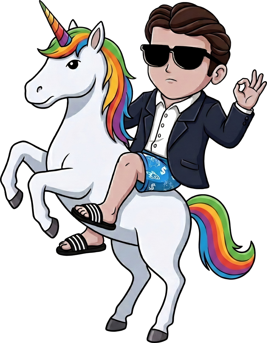 ebe mascot in sunglasses and a blazer riding a rainbow unicorn